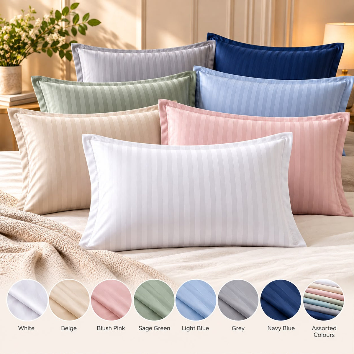 Assorted colors pillowcases with self-stripes