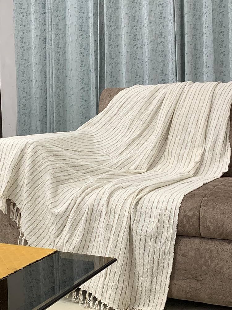 Cotton Sofa Throw — White with Brown Stripe Lining