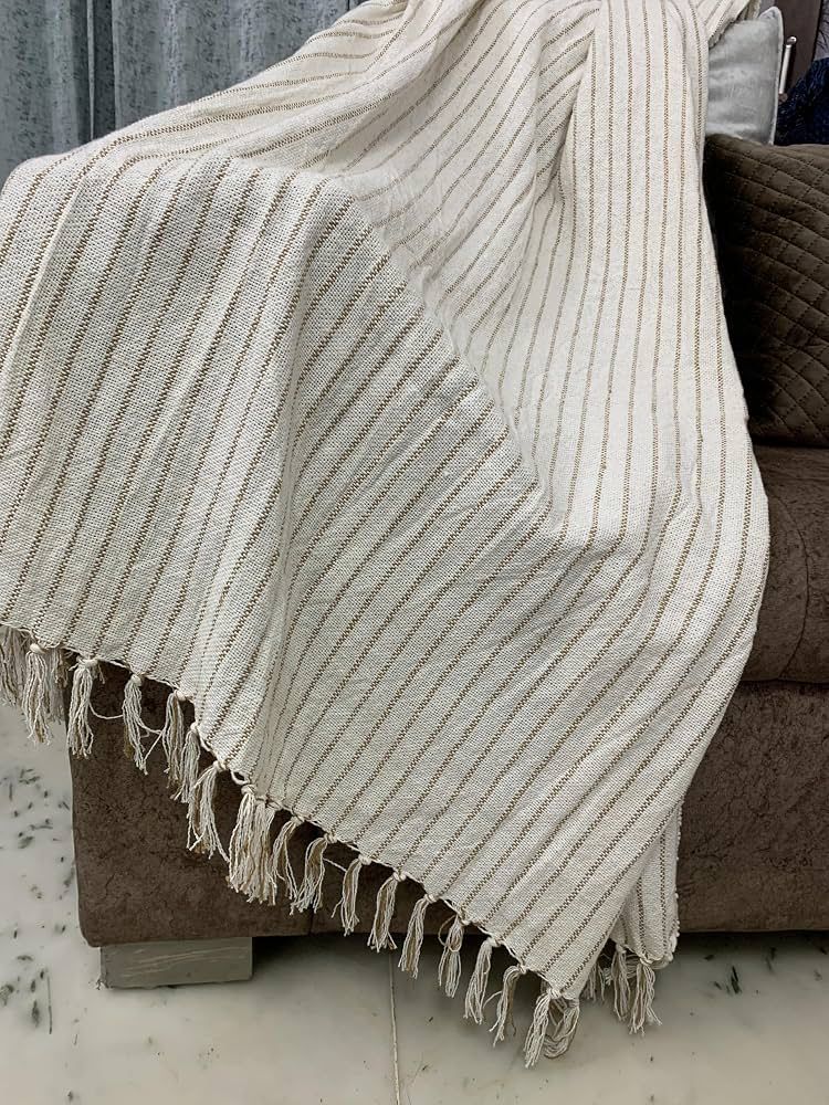 Cotton Sofa Throw — White with Brown Stripe Lining