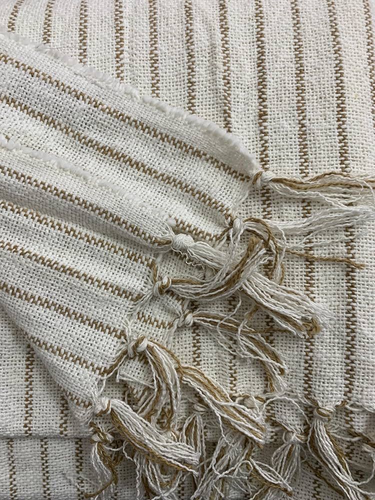 Cotton Sofa Throw — White with Brown Stripe Lining