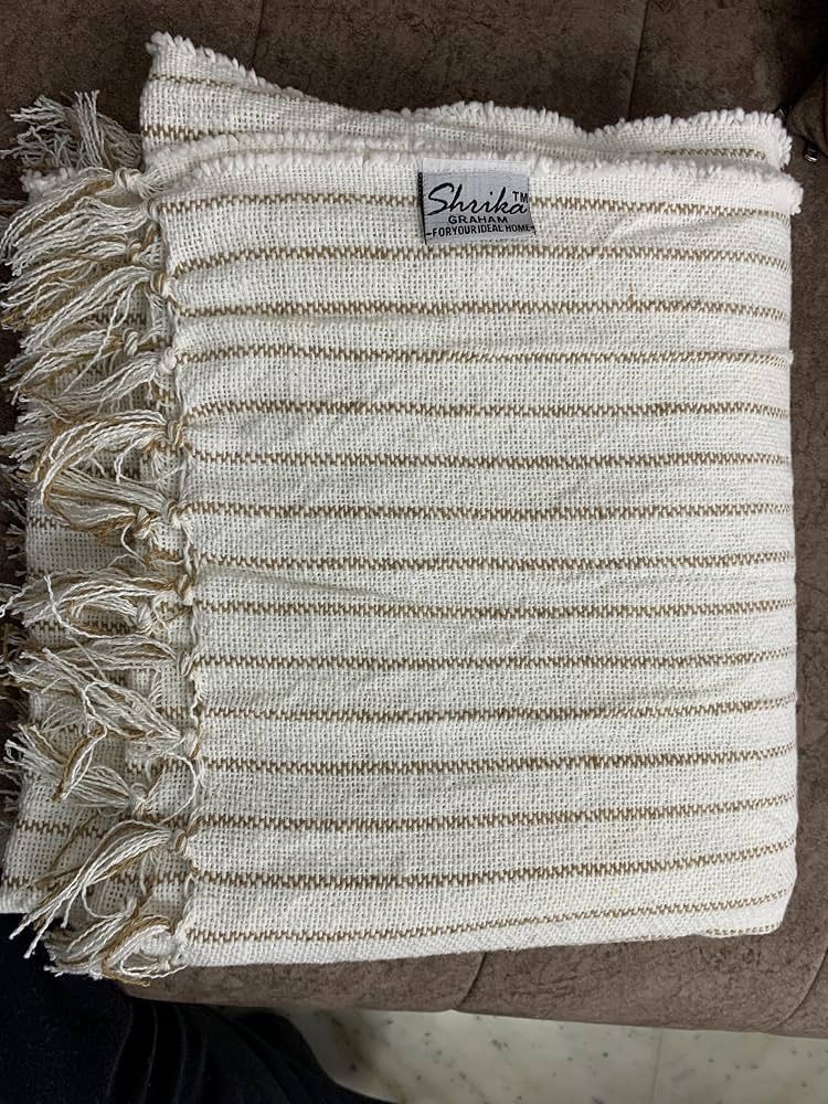 Cotton Sofa Throw — White with Brown Stripe Lining