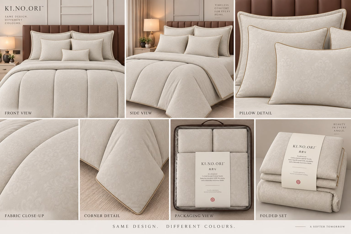 A collage showing a bedding set in multiple views: front and side views on a bed, close-up of a pillow, fabric close-up, corner detail, packaging, and a folded set. The brand name KLN.