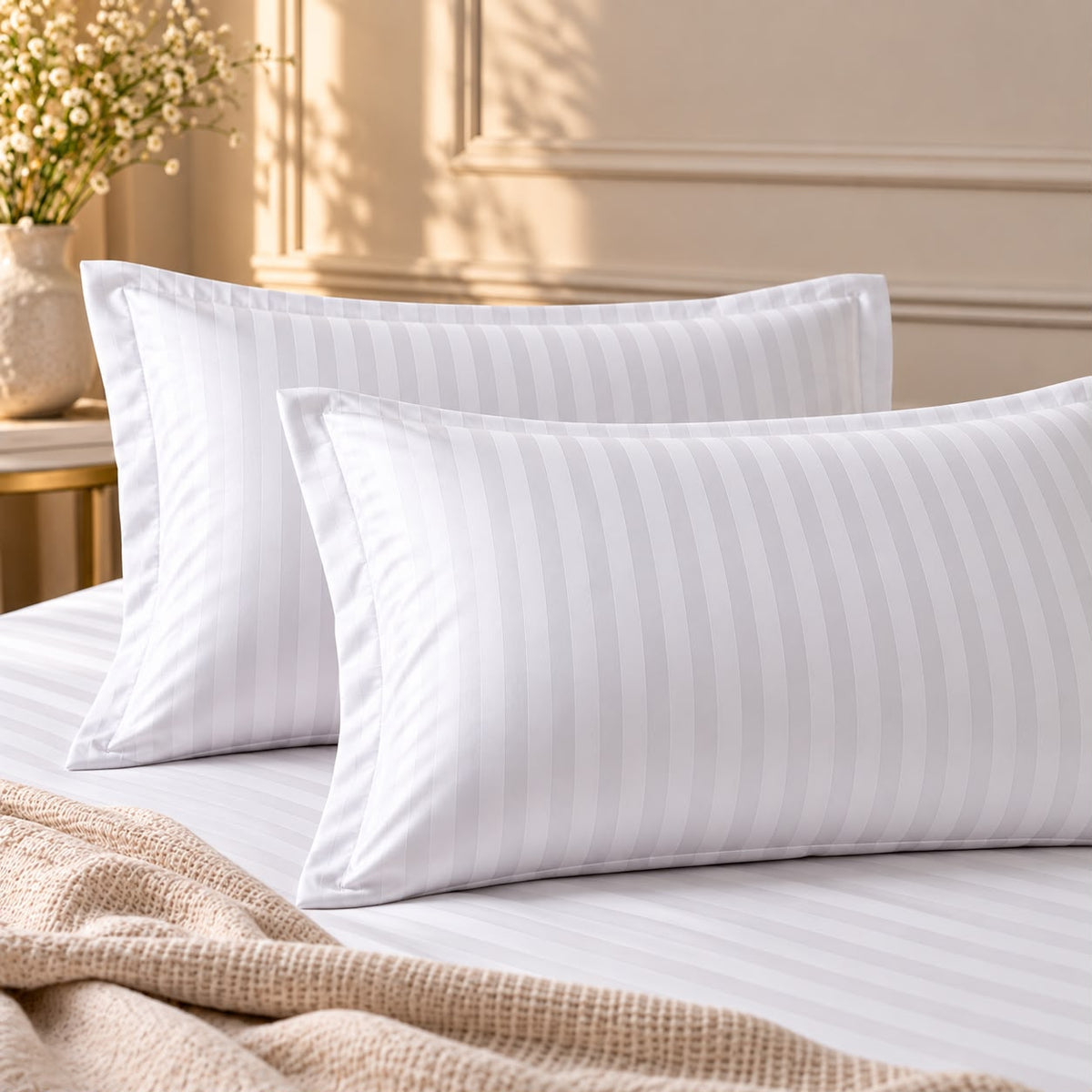 Plain white Pillow covers with self stripes