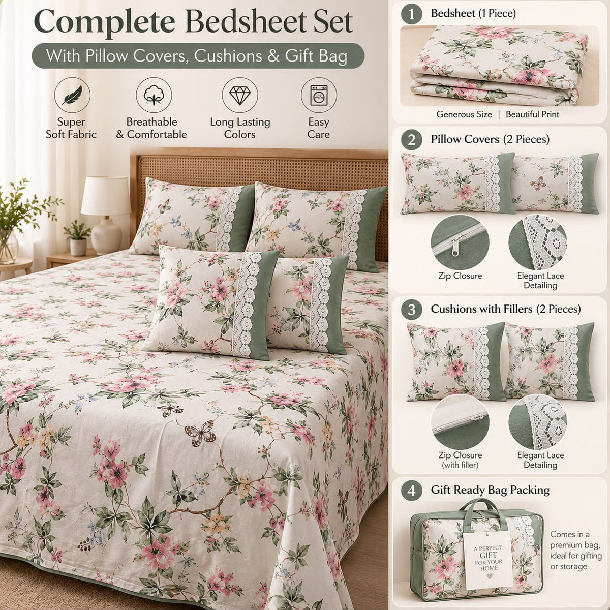 Ritambhara Lace Work King Size 5 Piece Bedsheet Set