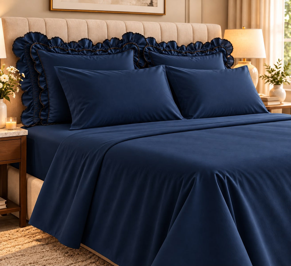 KING SIZE SOLID BEDSHEET WITH 2 FRILL PILLOW COVERS & 2 NORMAL PILLOW COVERS
