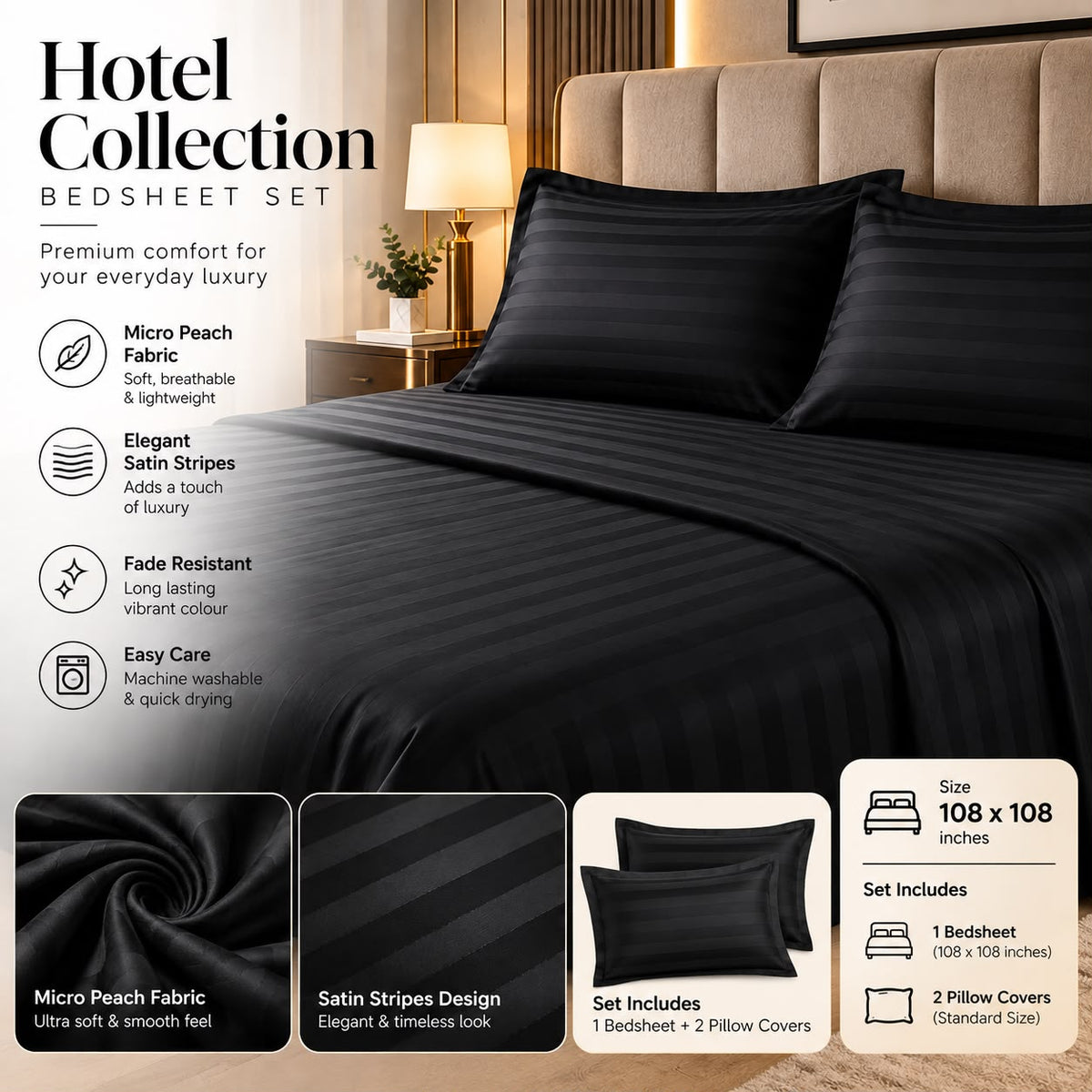Black bedsheet with self stripes
