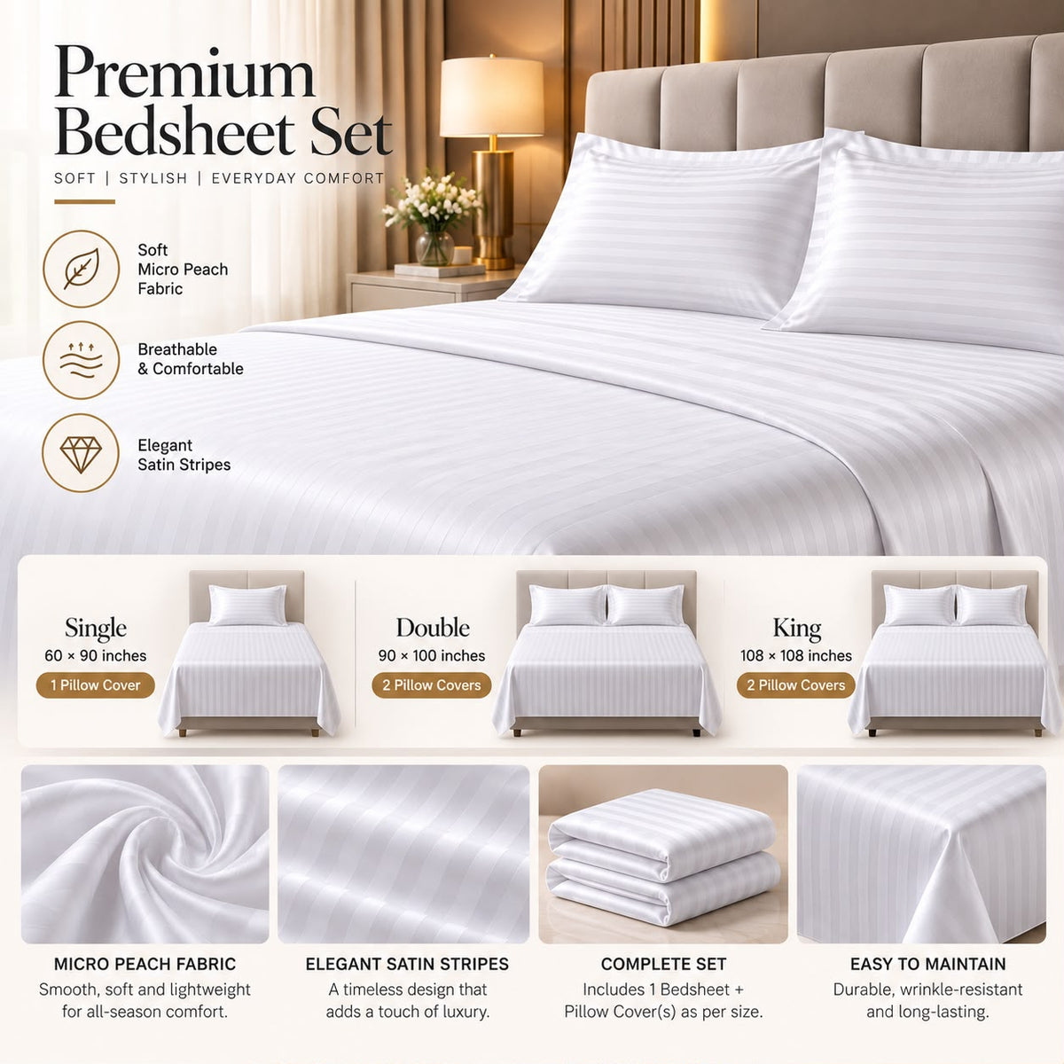 White bedsheet with self stripes